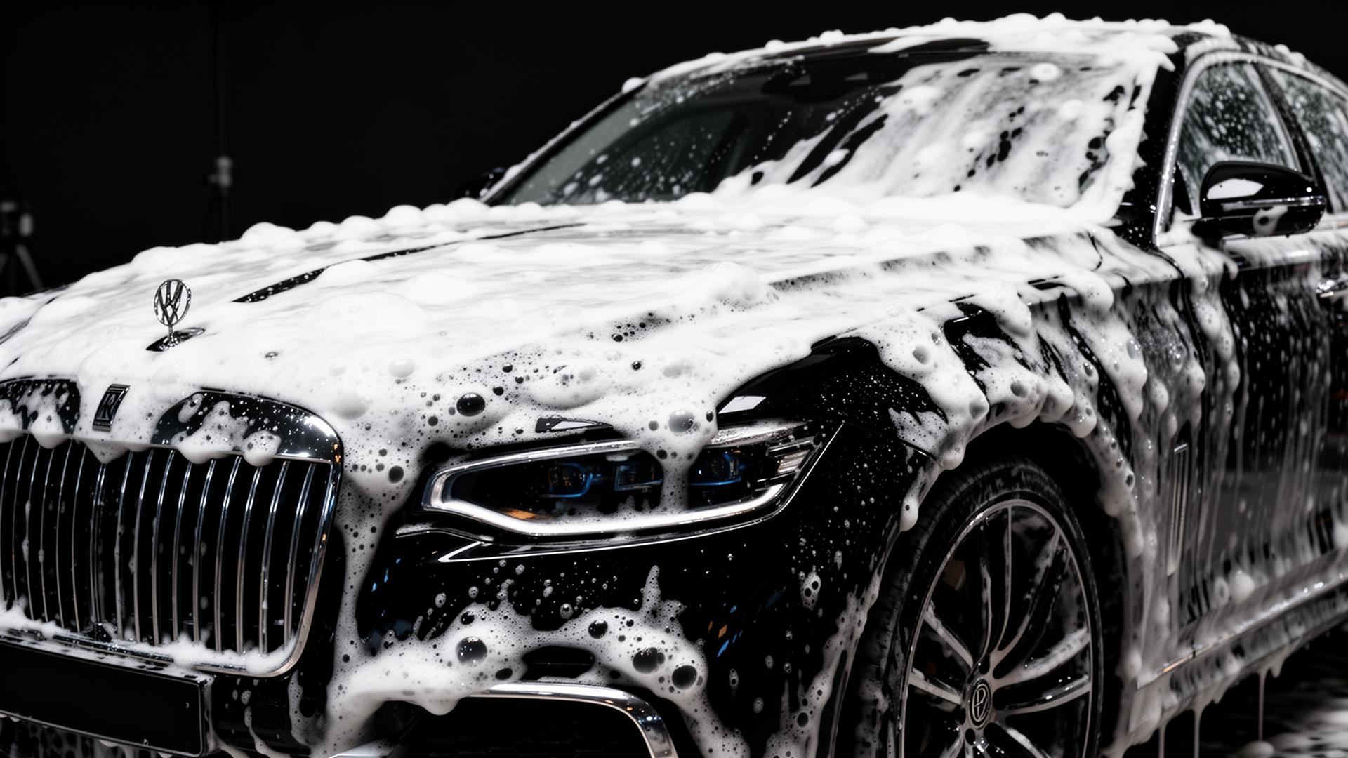 Cinematic close-up of luxury car covered in foam during mobile detailing in Texas City